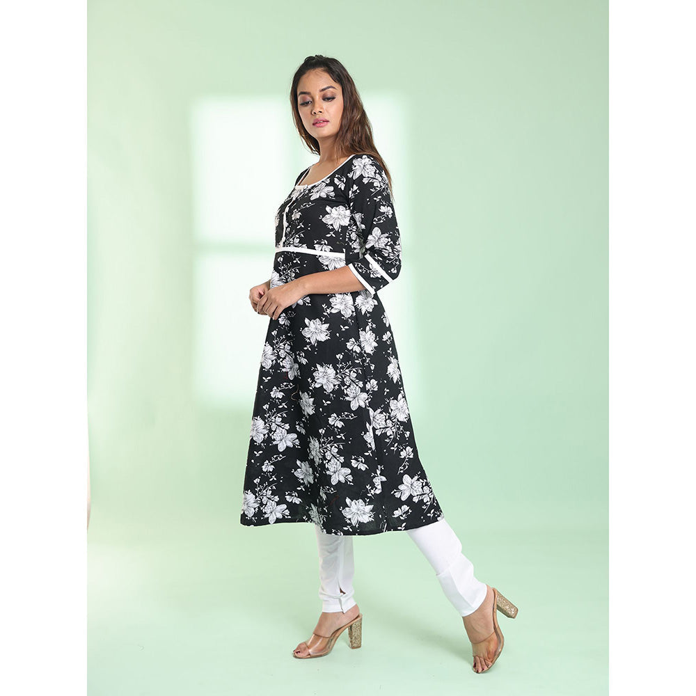 CHARUKRITI Black Cotton Floral Printed Fit & Flare Stitched Kurta with Churidar (Set of 2)