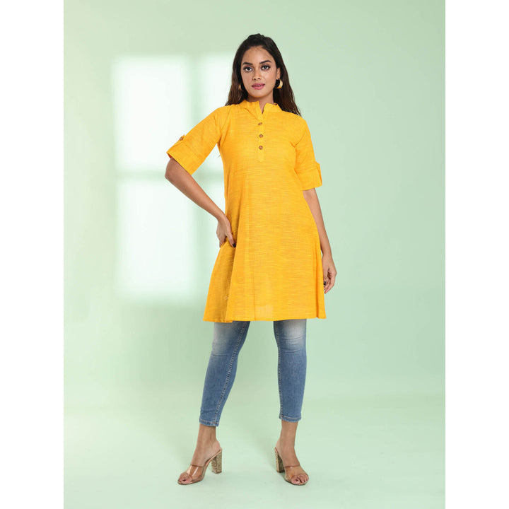 CHARUKRITI Yellow Solid Cotton A-Line Short Stitched Kurta