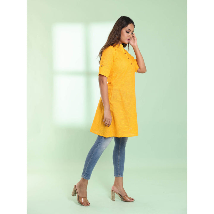 CHARUKRITI Yellow Solid Cotton A-Line Short Stitched Kurta