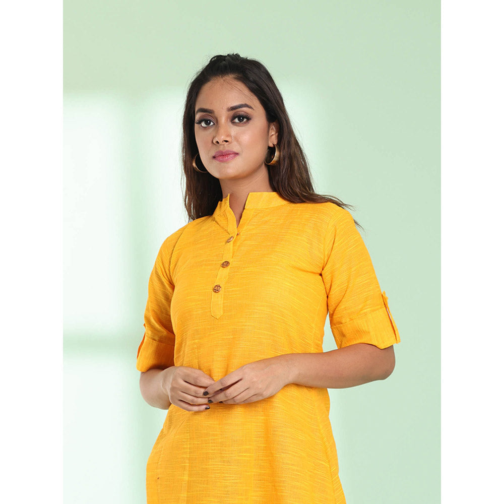 CHARUKRITI Yellow Solid Cotton A-Line Short Stitched Kurta