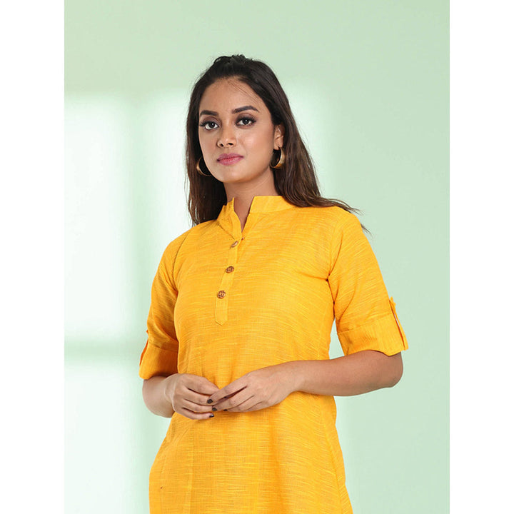 CHARUKRITI Yellow Solid Cotton A-Line Short Stitched Kurta