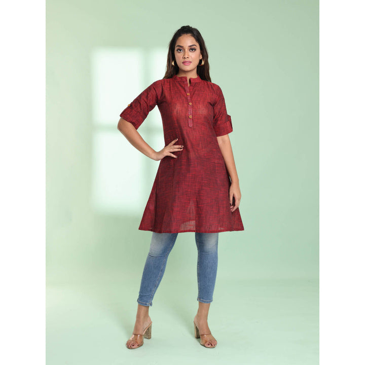 CHARUKRITI Maroon Solid Cotton A-Line Short Stitched Kurta