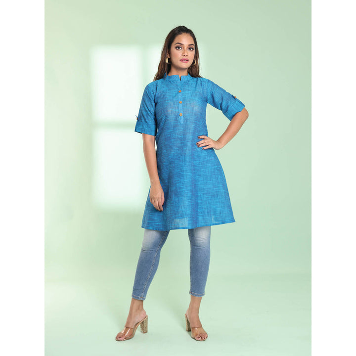 CHARUKRITI Sapphire Blue Solid Cotton A-Line Short Stitched Kurta