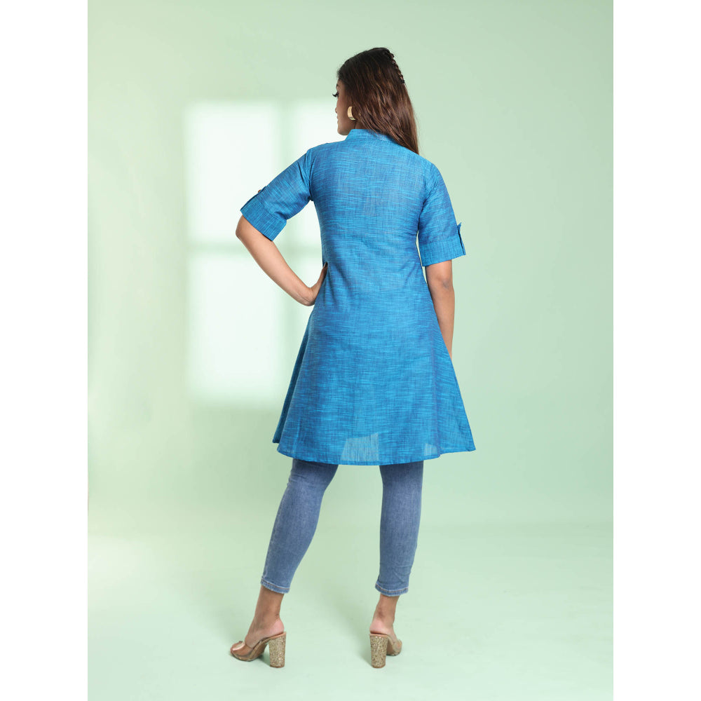 CHARUKRITI Sapphire Blue Solid Cotton A-Line Short Stitched Kurta