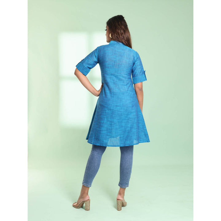 CHARUKRITI Sapphire Blue Solid Cotton A-Line Short Stitched Kurta