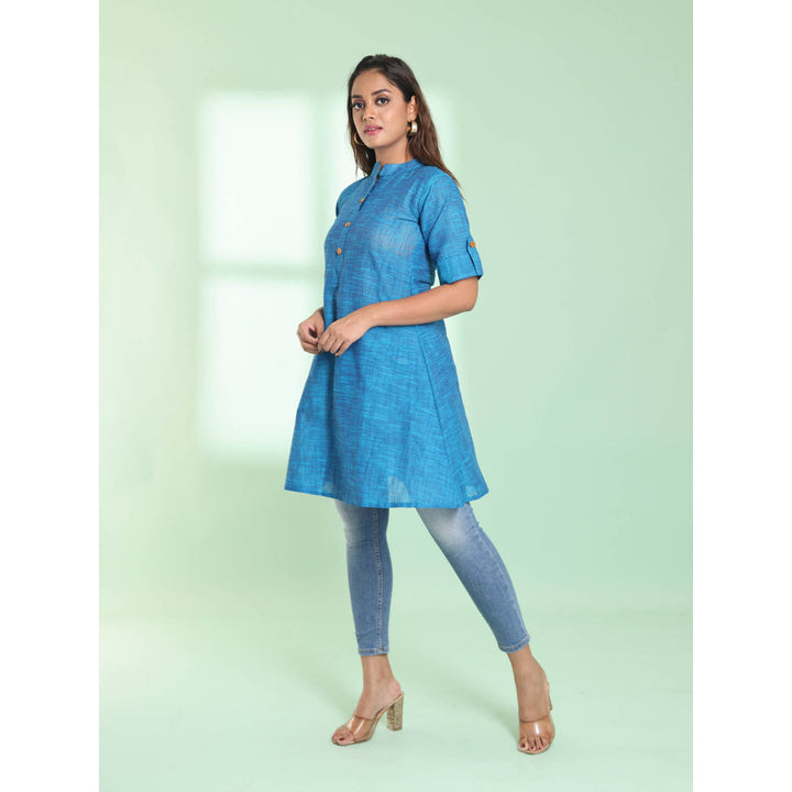 CHARUKRITI Sapphire Blue Solid Cotton A-Line Short Stitched Kurta