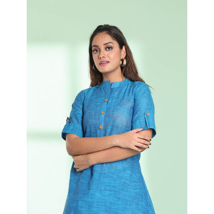 CHARUKRITI Sapphire Blue Solid Cotton A-Line Short Stitched Kurta