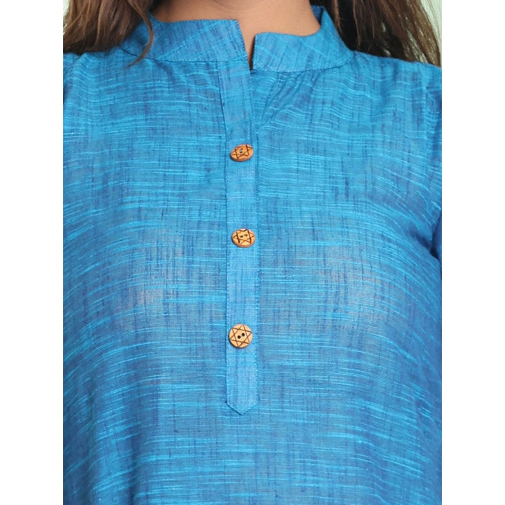 CHARUKRITI Sapphire Blue Solid Cotton A-Line Short Stitched Kurta