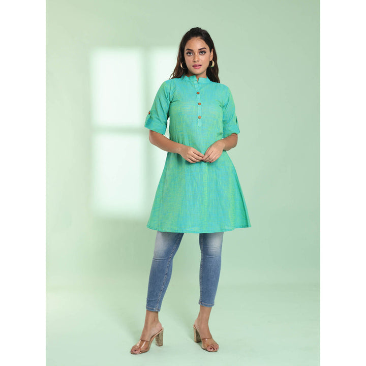 CHARUKRITI Sacramento Green Solid Cotton A-Line Short Stitched Kurta