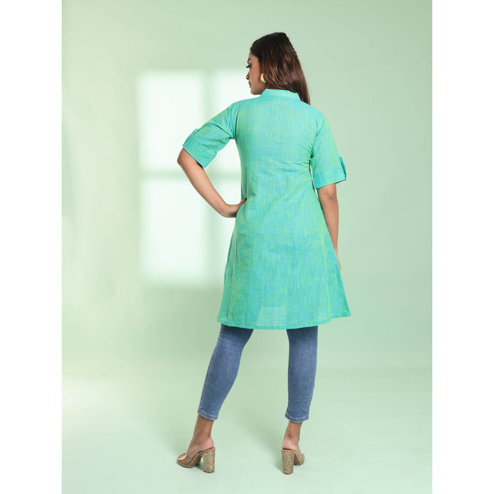 CHARUKRITI Sacramento Green Solid Cotton A-Line Short Stitched Kurta