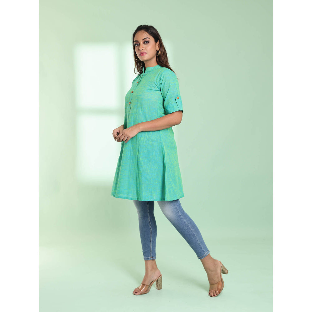 CHARUKRITI Sacramento Green Solid Cotton A-Line Short Stitched Kurta