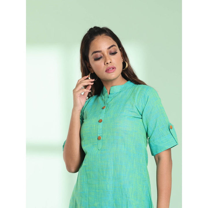 CHARUKRITI Sacramento Green Solid Cotton A-Line Short Stitched Kurta