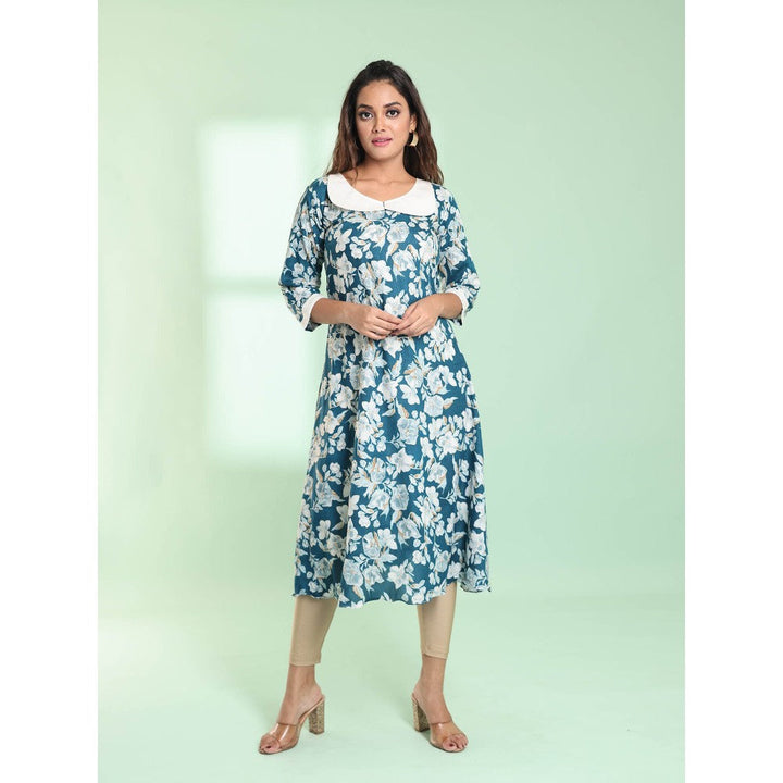 CHARUKRITI Teal Rayon Floral Printed A-Line Stitched Kurta