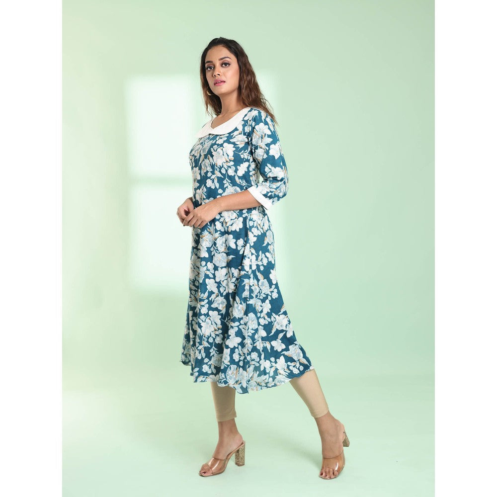 CHARUKRITI Teal Rayon Floral Printed A-Line Stitched Kurta