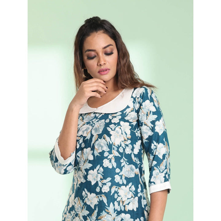 CHARUKRITI Teal Rayon Floral Printed A-Line Stitched Kurta