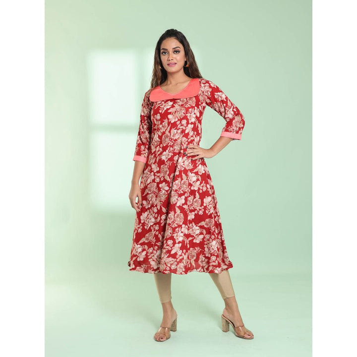 CHARUKRITI Red Rayon Floral Printed A-Line Stitched Kurta