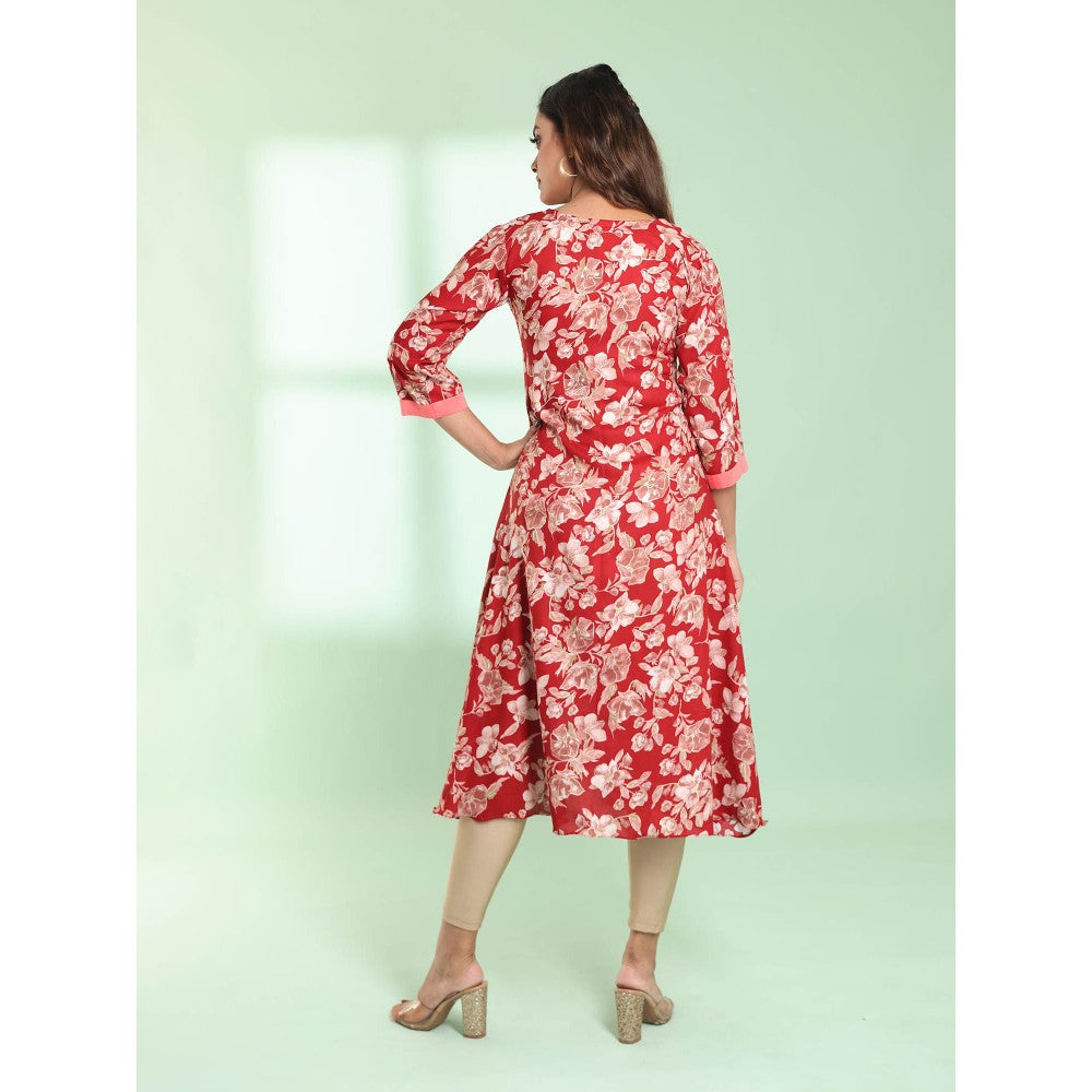 CHARUKRITI Red Rayon Floral Printed A-Line Stitched Kurta