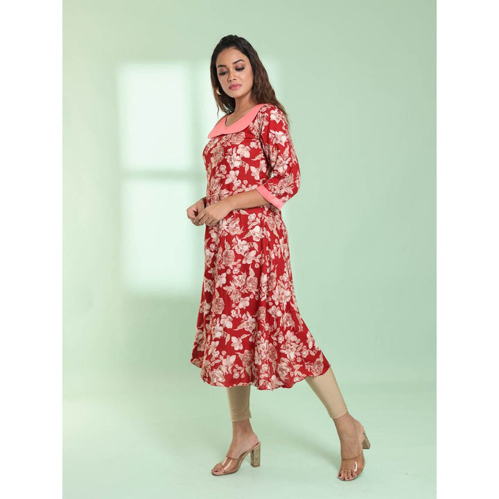 CHARUKRITI Red Rayon Floral Printed A-Line Stitched Kurta