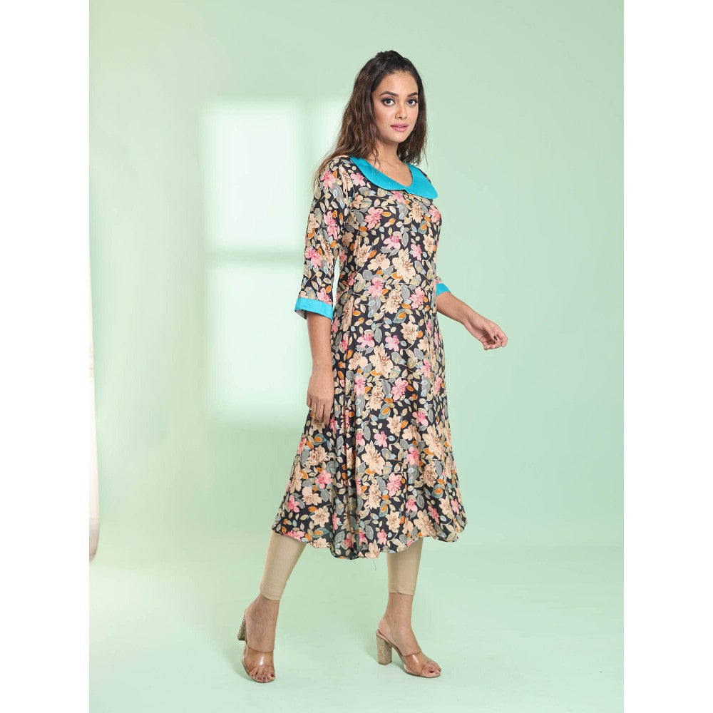 CHARUKRITI Navy Blue Rayon Floral Printed A-Line Stitched Kurta