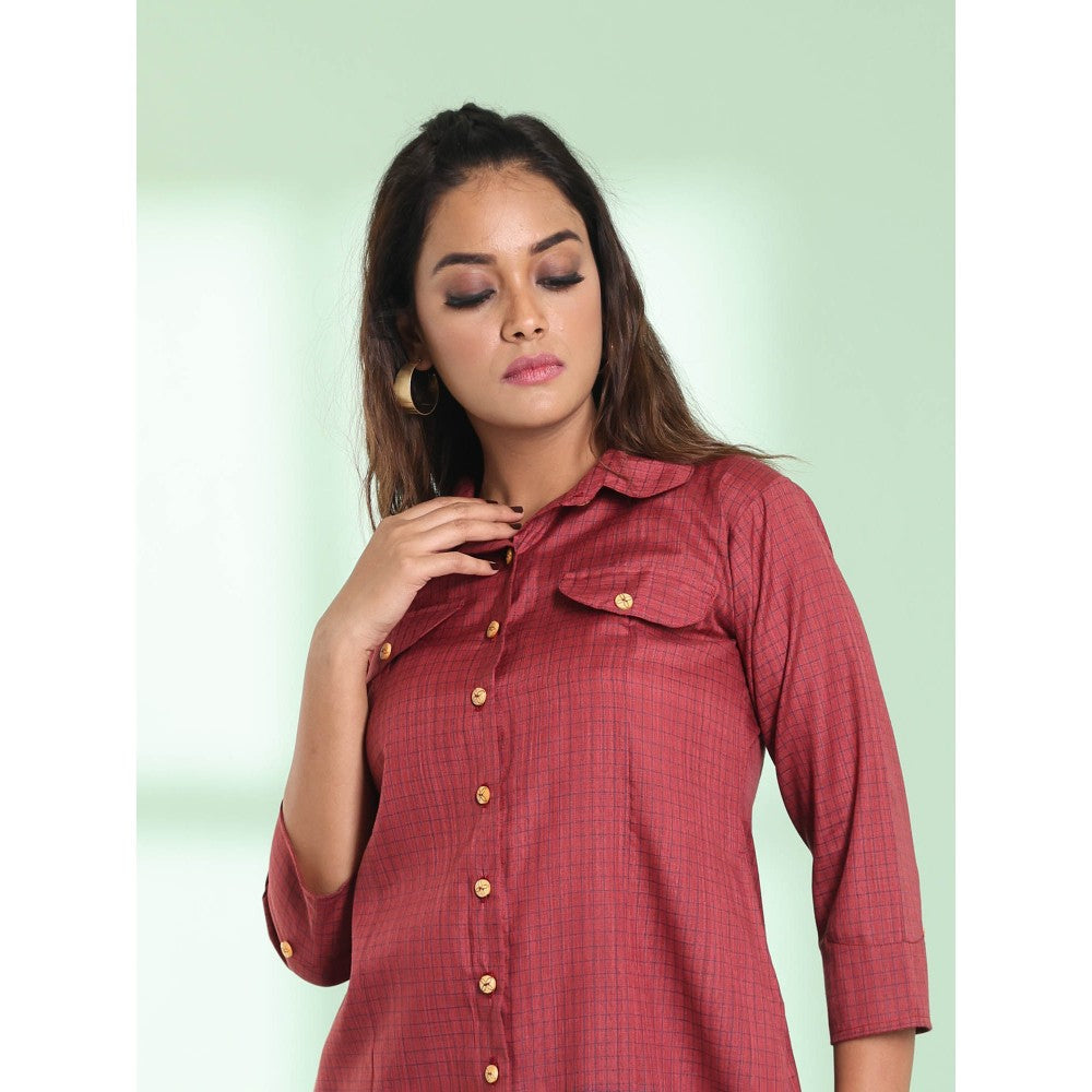 CHARUKRITI Dark Red Checkbox Printed Cotton Stitched Shirt Kurta