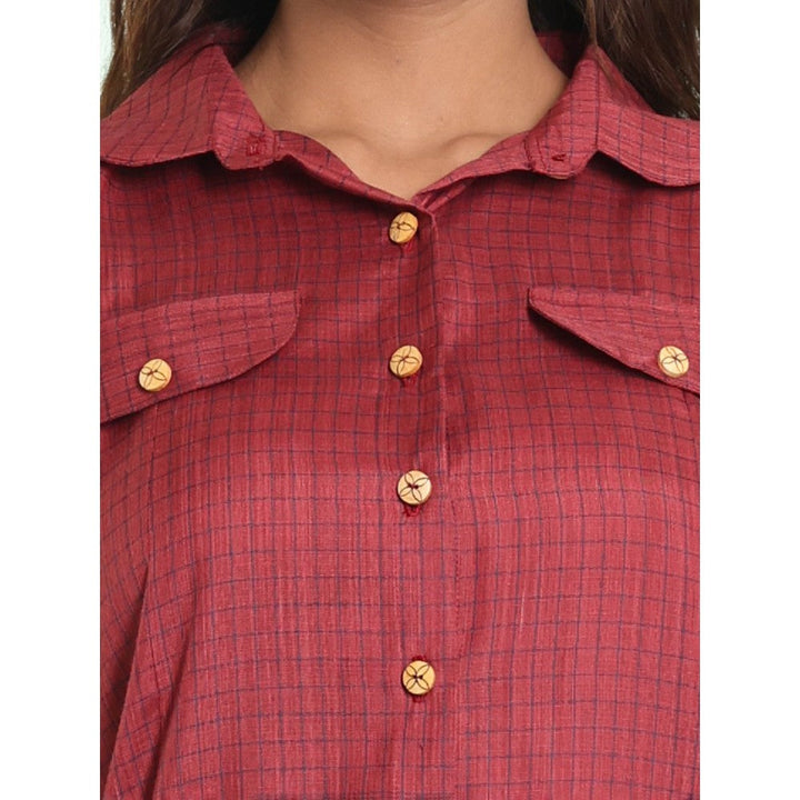 CHARUKRITI Dark Red Checkbox Printed Cotton Stitched Shirt Kurta