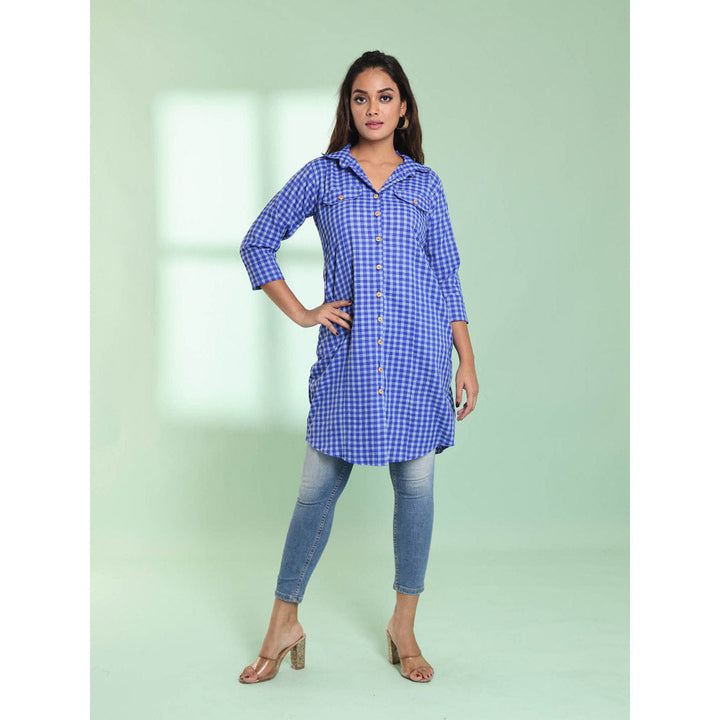 CHARUKRITI Blue Checkbox Printed Cotton Stitched Shirt Kurta