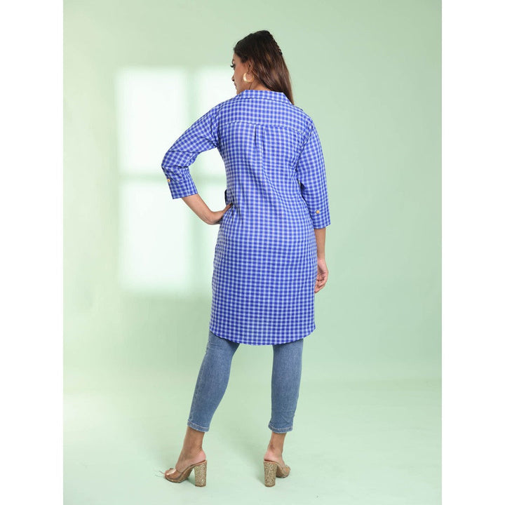 CHARUKRITI Blue Checkbox Printed Cotton Stitched Shirt Kurta