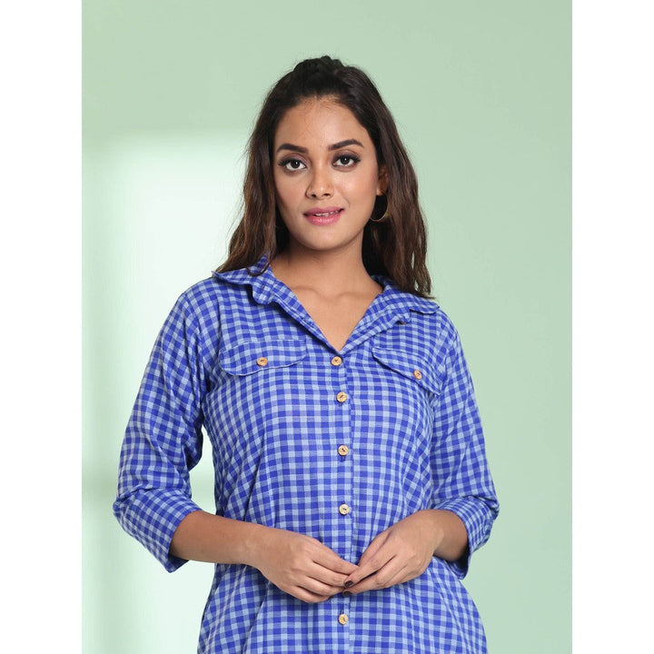 CHARUKRITI Blue Checkbox Printed Cotton Stitched Shirt Kurta