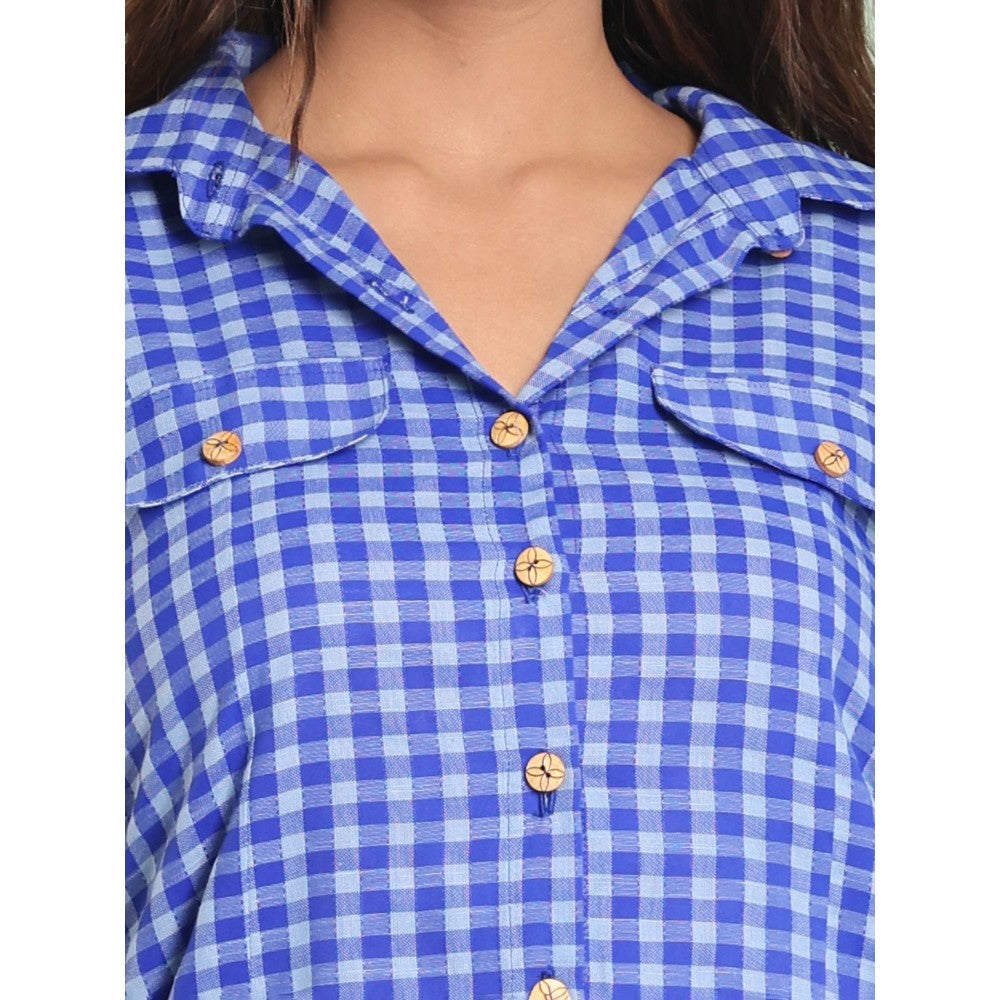 CHARUKRITI Blue Checkbox Printed Cotton Stitched Shirt Kurta