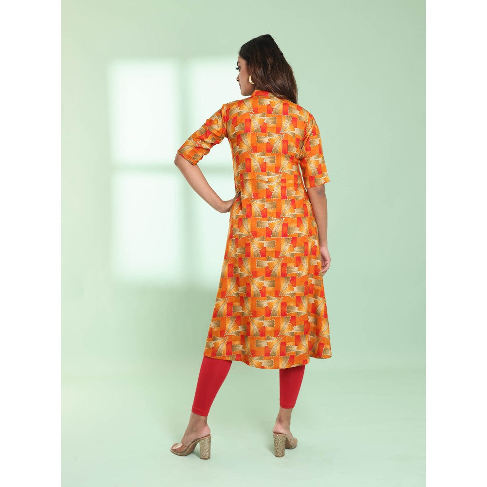 CHARUKRITI Orange Printed Gathered Rayon Stitched Kurta with Patchwork