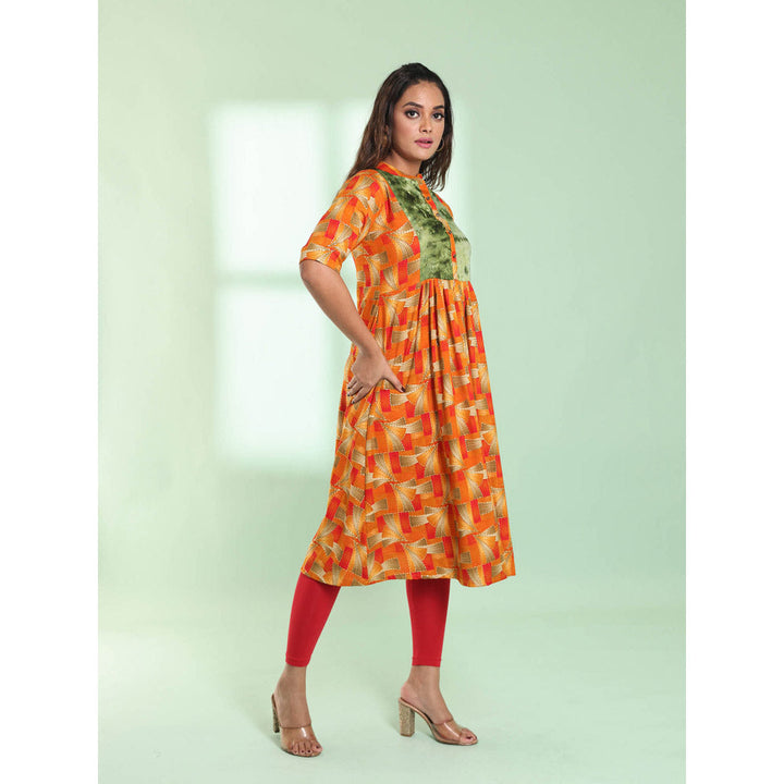 CHARUKRITI Orange Printed Gathered Rayon Stitched Kurta with Patchwork