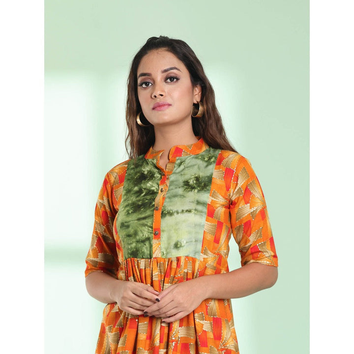 CHARUKRITI Orange Printed Gathered Rayon Stitched Kurta with Patchwork