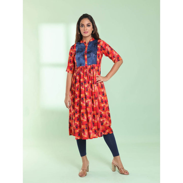 CHARUKRITI Red Printed Gathered Rayon Stitched Kurta with Patchwork