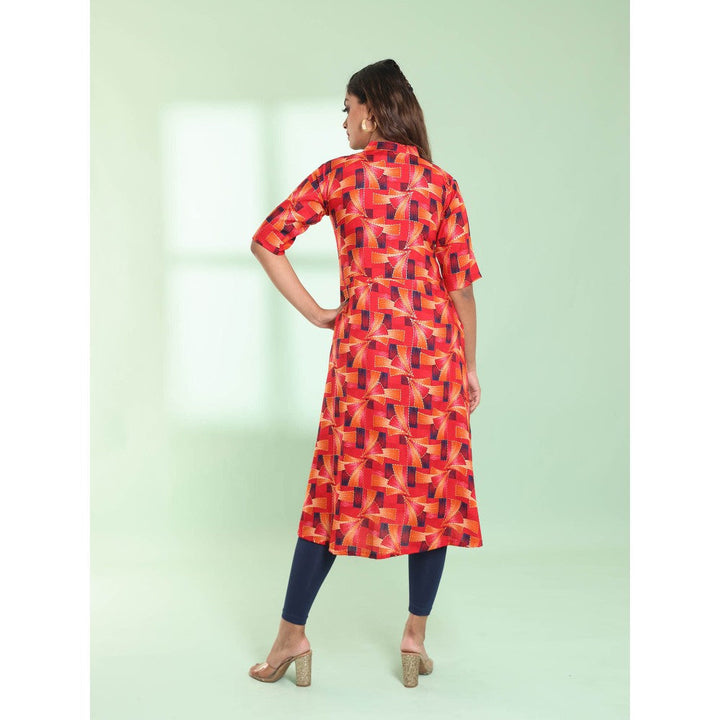 CHARUKRITI Red Printed Gathered Rayon Stitched Kurta with Patchwork