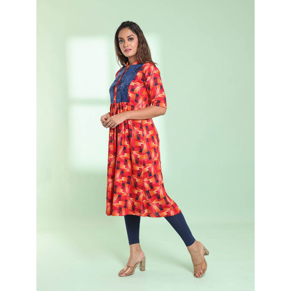 CHARUKRITI Red Printed Gathered Rayon Stitched Kurta with Patchwork