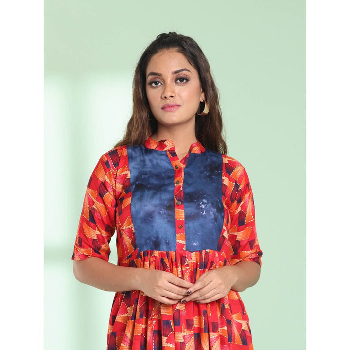 CHARUKRITI Red Printed Gathered Rayon Stitched Kurta with Patchwork