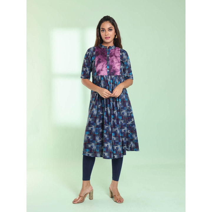 CHARUKRITI Blue Printed Gathered Rayon Stitched Kurta with Patchwork