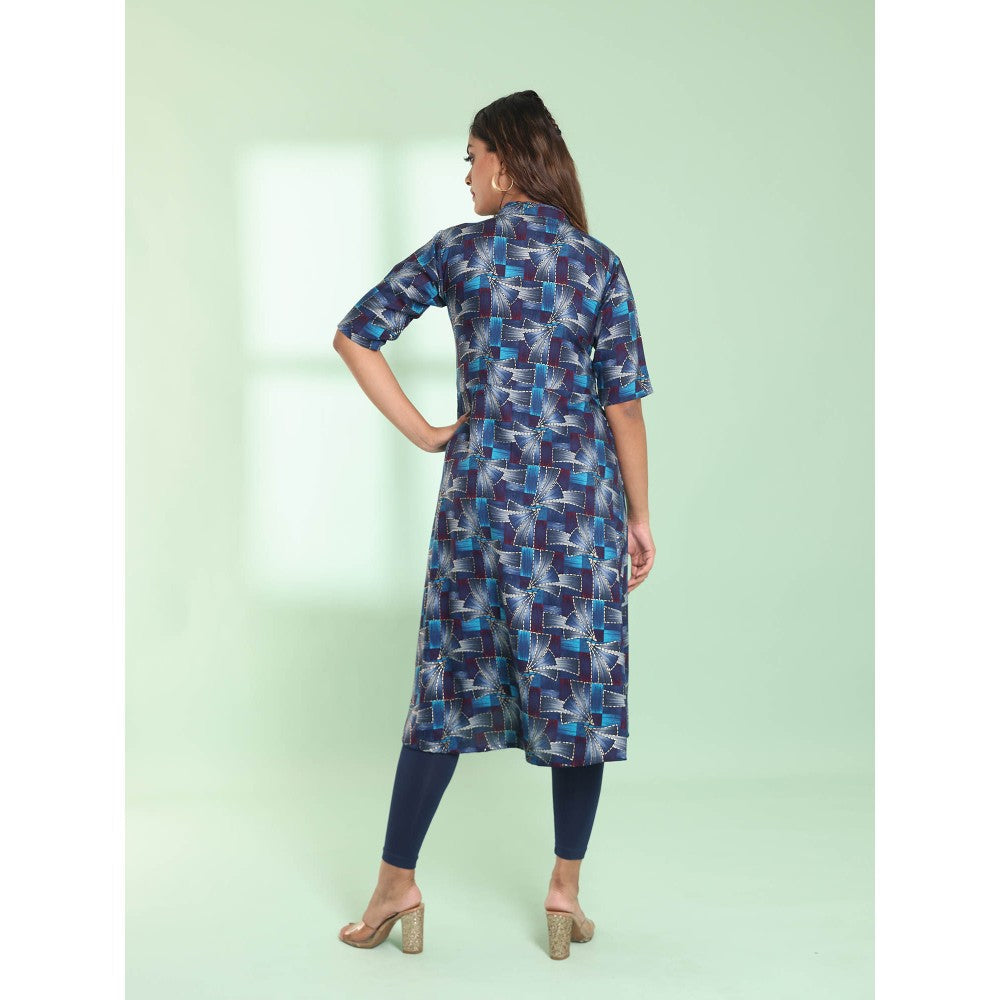 CHARUKRITI Blue Printed Gathered Rayon Stitched Kurta with Patchwork