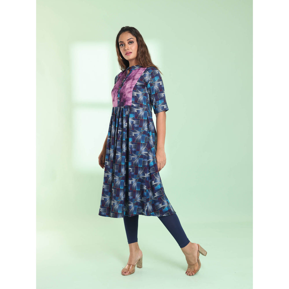 CHARUKRITI Blue Printed Gathered Rayon Stitched Kurta with Patchwork