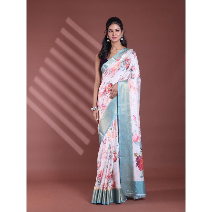 CHARUKRITI Off White Floral Print Silk Soft Saree with Unstitched Blouse