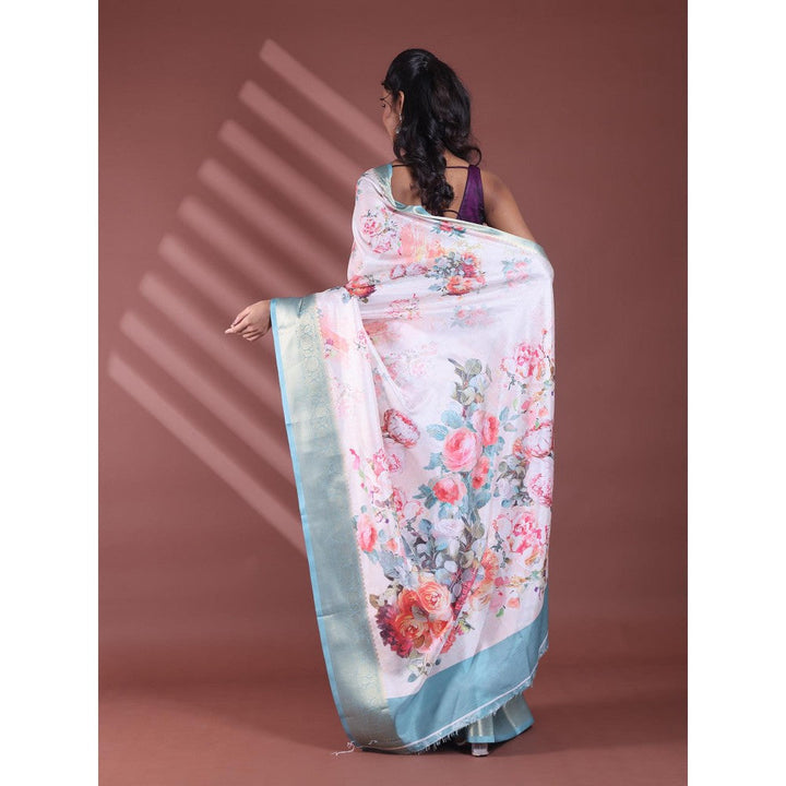 CHARUKRITI Off White Floral Print Silk Soft Saree with Unstitched Blouse