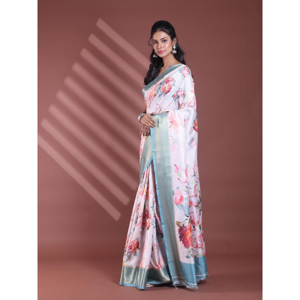 CHARUKRITI Off White Floral Print Silk Soft Saree with Unstitched Blouse