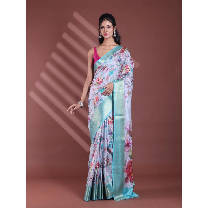 CHARUKRITI Grey Floral Print Silk Soft Saree with Unstitched Blouse