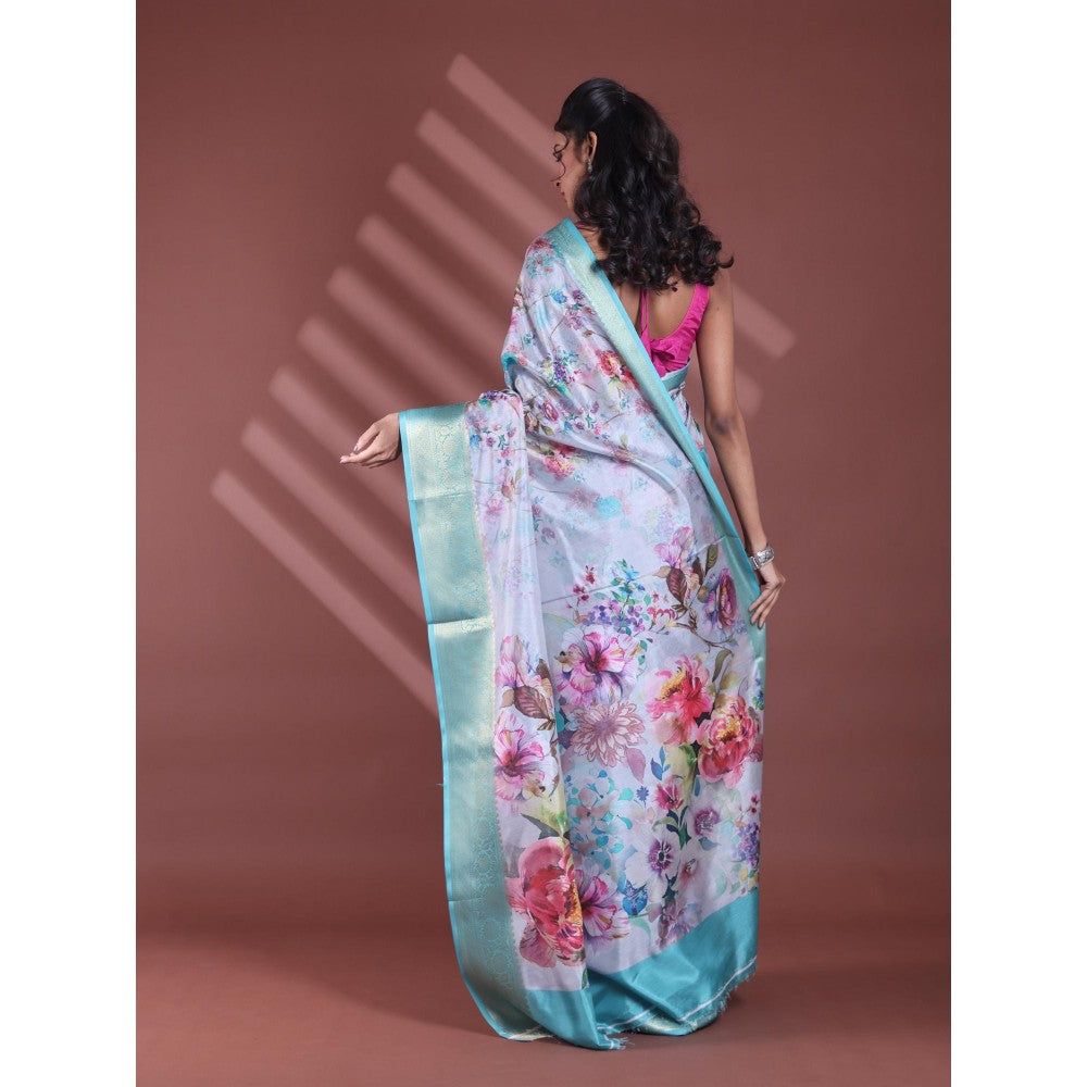 CHARUKRITI Grey Floral Print Silk Soft Saree with Unstitched Blouse