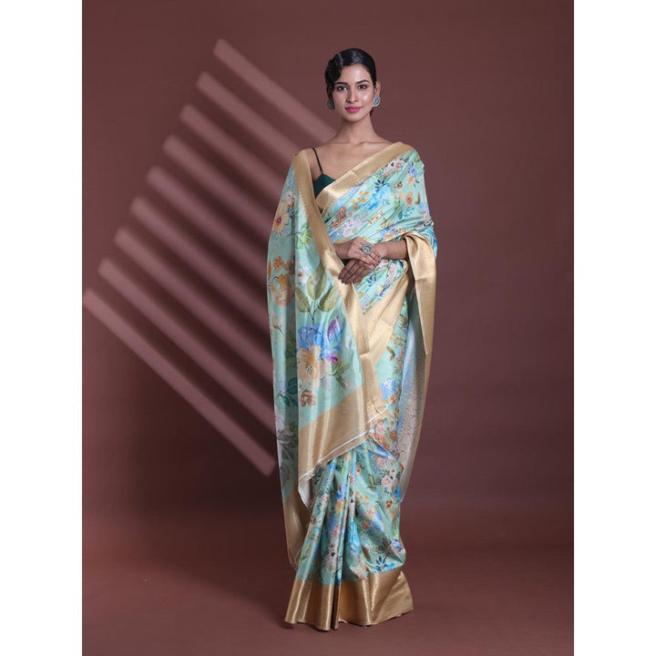 CHARUKRITI Light Green Floral Print Silk Soft Saree with Unstitched Blouse