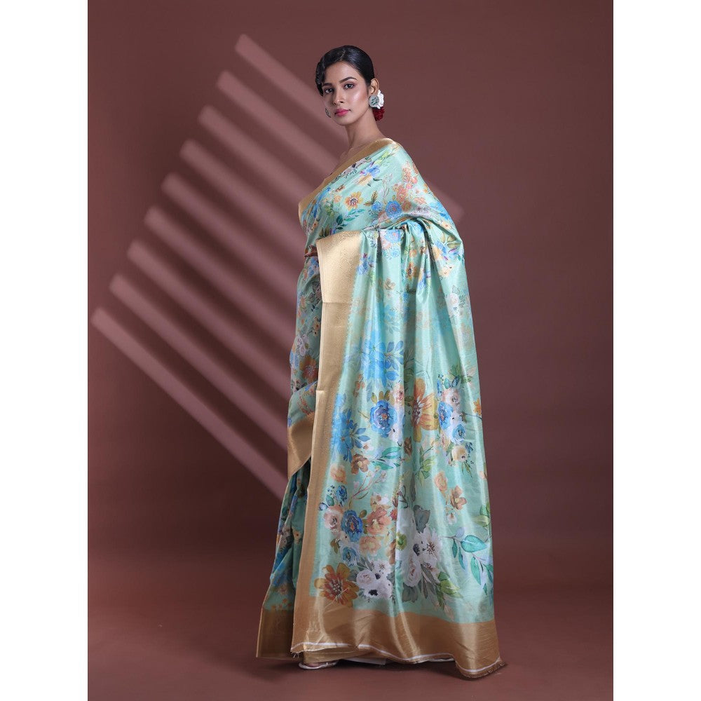 CHARUKRITI Light Green Floral Print Silk Soft Saree with Unstitched Blouse