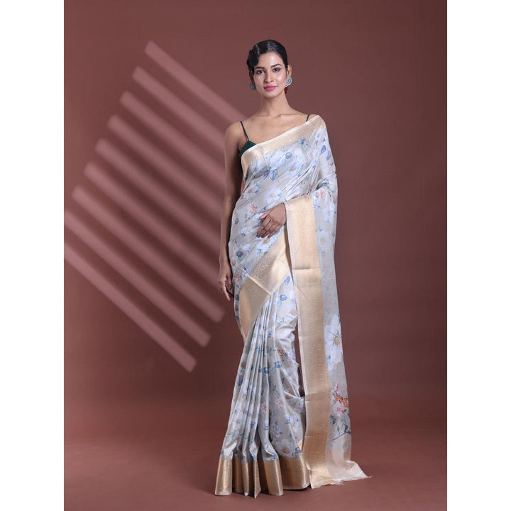 CHARUKRITI Ecru Floral Print Silk Soft Saree with Unstitched Blouse