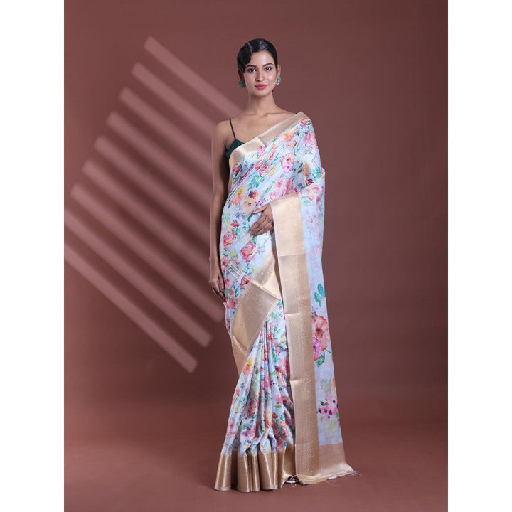 CHARUKRITI Sky Blue Floral Print Silk Soft Saree with Unstitched Blouse