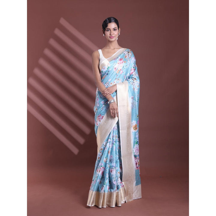 CHARUKRITI Sky Blue Floral Print Silk Soft Saree with Unstitched Blouse