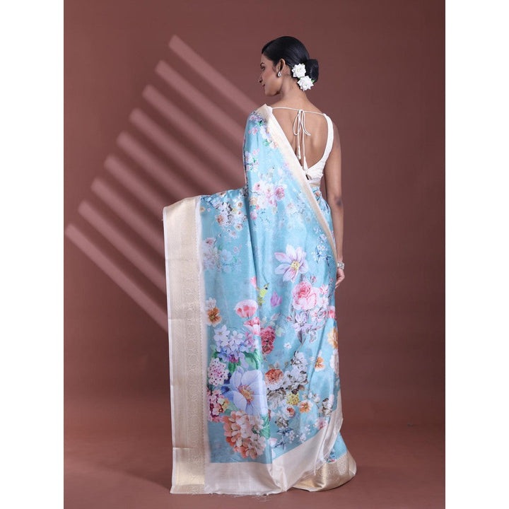 CHARUKRITI Sky Blue Floral Print Silk Soft Saree with Unstitched Blouse